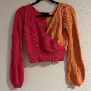 Lulu's Vibrant Pink and Orange Knit Crop Top Sweater, XS